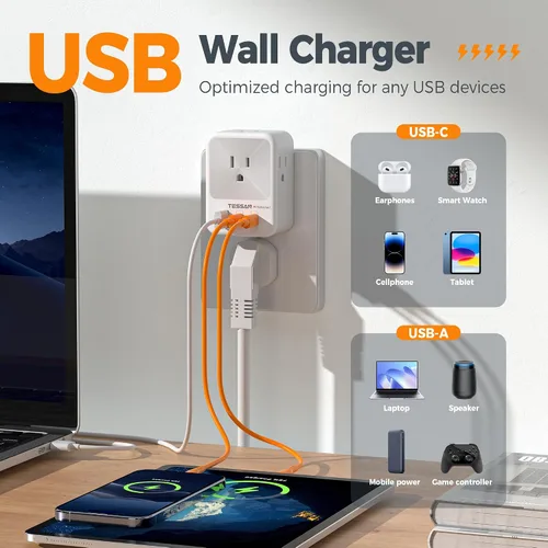 Miniatura 2 de Divisor de enchufe de pared múltiple, extensor de protector de sobretensión TESSAN de 4 salidas con 3 bloques de carga USB (2 USB C), expansor