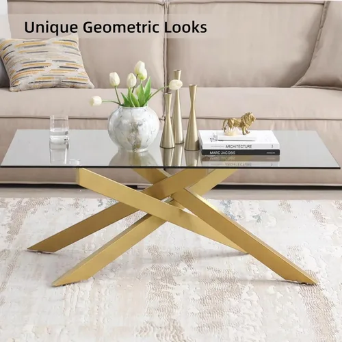 Miniatura 3 de Mesa de café dorada para sala de estar, mesa de café moderna de vidrio con tapa de vidrio templado de 47" y patas metálicas tubulares para espacios