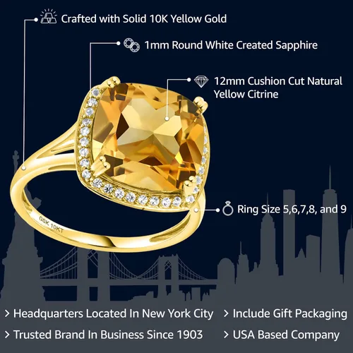 Miniatura 2 de Gem Stone King Anillo de oro amarillo de 10 quilates con piedra natal y zafiro blanco creado para mujer, cojín de 0.472 in, anillo de compromiso