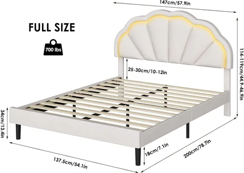 Miniatura 2 de HIFIT Marco de cama LED inteligente tapizado completo con cabecera ajustable de pétalos elegantes, marcos de cama de plataforma de tamaño completo