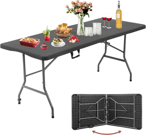 Mesa Plegable de 6 Pies de Plástico Resistente Plegable con Asa de Transporte para Fiesta de Jardín, Picnic, Camping, Barbacoa, Comedor, Cocina,