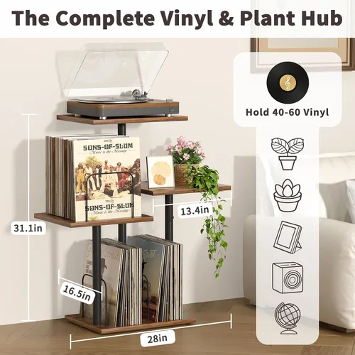 Miniatura 6 de Bikoney - Soporte Botánico para Tocadiscos con Almacenamiento de Vinilo, Mueble de Mesa para Tocadiscos de Madera con Estante para Discos LP
