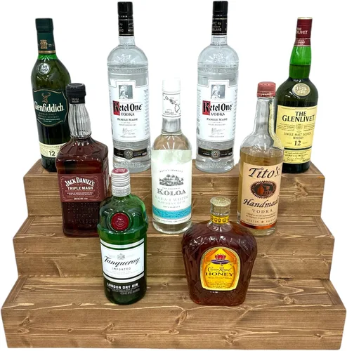 Miniatura 16 de Estantería de exhibición escalonada hecha a mano, exhibición de barra de tres niveles, organizador de barra, exhibición de botellas de licor