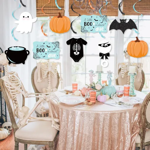 Miniatura 7 de K KUMEED Decoraciones de Halloween para baby shower, 20 piezas Blue A Little Boo is Almost Due Colgantes de remolinos para niños, decoración