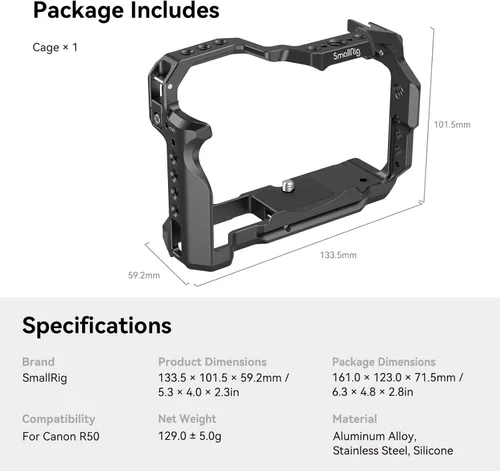 Miniatura 7 de SmallRig Jaula R50 para cámara Canon R50, aleación de aluminio con placa de liberación rápida para soporte Arca, zapata fría, riel OTAN y agujeros