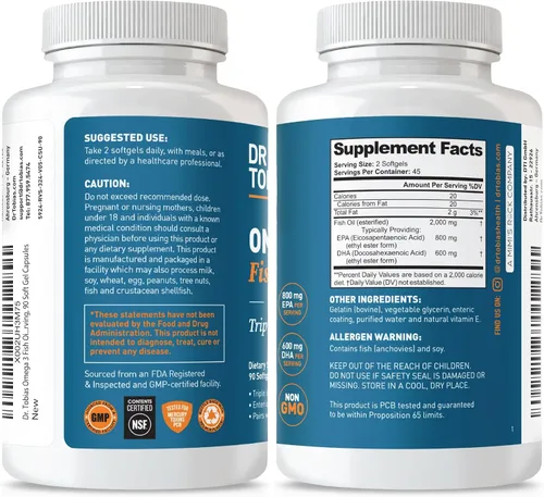 Miniatura 6 de Dr. Tobias Omega 3 Aceite de Pescado, 2000 mg de Fuerza Triple con 800 mg EPA 600 mg DHA por Porción, Suplementos de Aceite de Pescado Omega 3