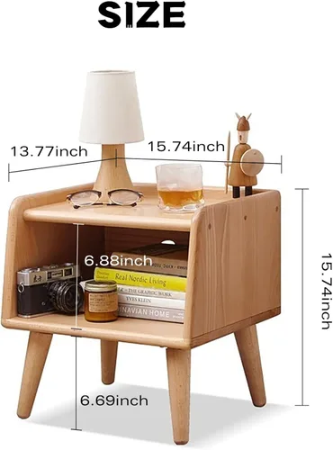 Miniatura 3 de Mesita de noche pequeña, mesa de noche 100% madera de roble macizo, mesita de noche moderna de mediados de siglo con almacenamiento abierto, armario