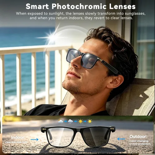 Miniatura 5 de Lentes inteligentes AI con ChatGPT, gafas Bluetooth con más de 164 lenguajes y acentos, lente fotocrómica, audio de oído abierto, música y llamadas