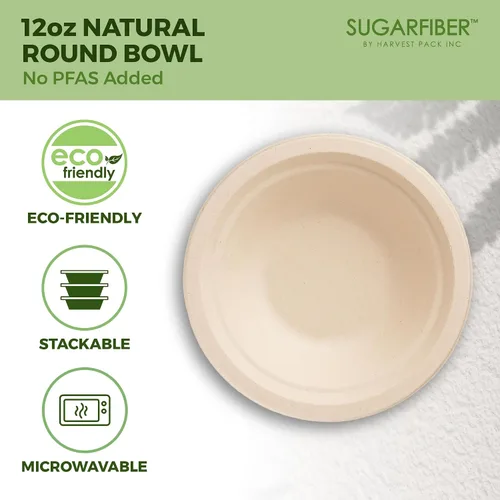 Miniatura 4 de Harvest Pack GOURMET SHOWCASE - [50 unidades] Cuencos de papel redondos de 12 onzas libres de PFAS - Cuencos de bagazo compostables, resistentes