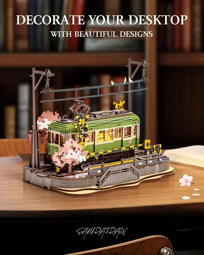 Miniatura 2 de Rompecabezas de madera 3D para adultos, Sakura Journey Tram, modelos de kits de coche para adultos, kits de manualidades de bricolaje, regalo