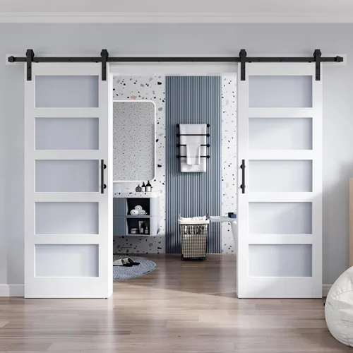 Miniatura 11 de Losa para puerta corrediza de granero de vidrio de 28 x 84 pulgadas y kit de herrajes de 5 pies incluido, 5 vidrios esmerilados, panel de madera LVL