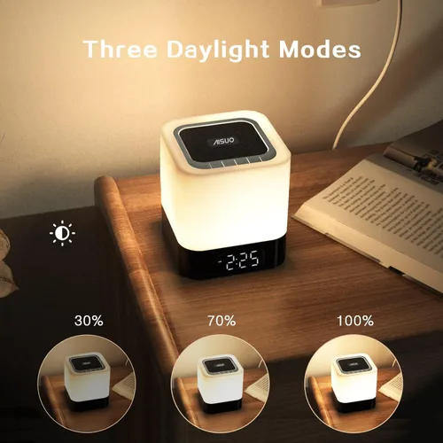 Miniatura 7 de Luz Nocturna - Lámpara de mesita de 5 en 1 con altavoz Bluetooth, reloj despertador de calendario digital de 12/24H, control táctil, soporte