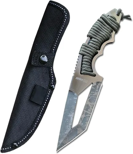Miniatura 8 de Cuchillo de caza de hoja fija de 8.07 pulgadas con funda de nailon, cuchillo de supervivencia, cuchillo Bowie de espiga completa con mango de Negro