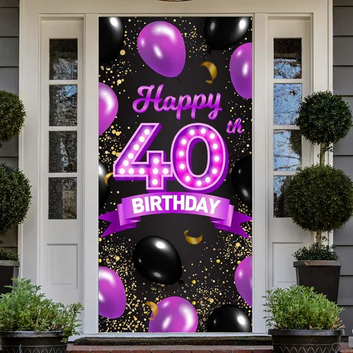 Cartel de feliz cumpleaños 40 color morado y negro, decoración temática de globos de confeti para mujeres de 40 años, suministros de cumpleaños,