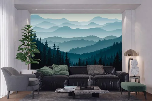Miniatura 3 de MFWFM Papel pintado de la naturaleza, mural de pared de bosque nebuloso azul de montaña para dormitorio y sala de estar (no se pela ni se pega)