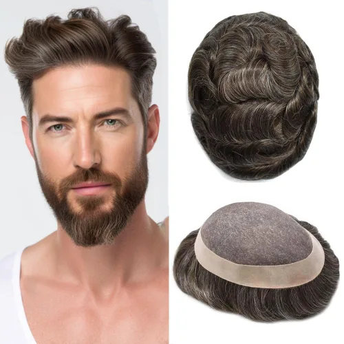 Miniatura 31 de Toupee para hombres sistemas de reemplazo de piezas de cabello humano real, duradero, fino, mono para hombre, tupé, sistema de cabello para hombre