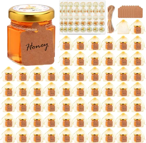 Miniatura 9 de Paquete de 30 mini tarros de miel de 1.5 onzas, mini tarros hexagonales de miel de vidrio con tapas doradas, pequeño tarro de miel con cuchara