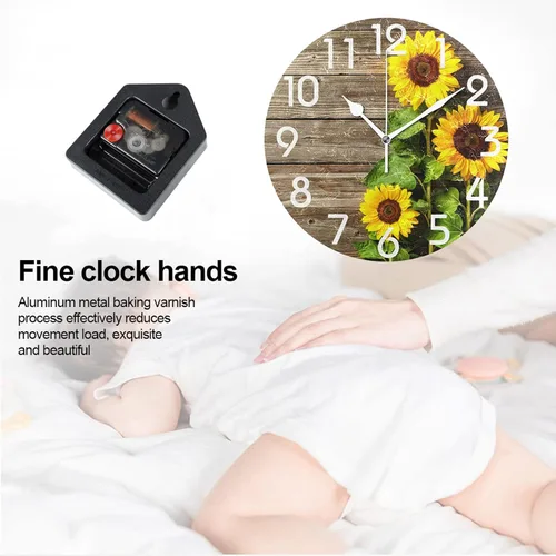 Miniatura 5 de Naanle Elegante reloj de pared redondo de madera vintage con diseño de girasoles 3D, de 9.5 pulgadas, funciona con pilas, de cuarzo, analógico