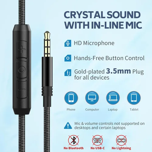 Miniatura 5 de AC01 auriculares de diadema con cable, auriculares pasivos con aislamiento de ruido, auriculares estéreo con cable con micrófono y control de Negro