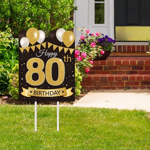 Miniatura 10 de Letrero grande de patio para fiesta de feliz cumpleaños número 13, negro dorado, letreros de patio de cumpleaños 13 con estacas y decoraciones