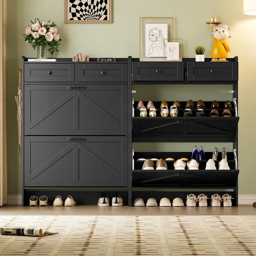 Miniatura 4 de BORNOON Gabinete de Almacenamiento de Zapatos para Entrada, Gabinete Estrecho de Zapatos Estilo Granja con 2 Cajones Abatibles y Cajones Superiores
