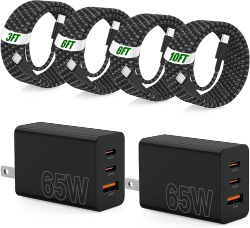 USB C de carga súper rápida de 65 W para iPhone 17 16 Pro Max, bloque de carga USB C de 3 puertos de 100 W PD y cable trenzado tipo C de 3/6/6/10