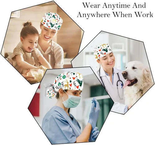Miniatura 6 de 2 PCS Bouffant Cap with Button Ponytail Pouch Working Cap Sweatband Adjustable Surgical Cap Deer Floral Watercolor