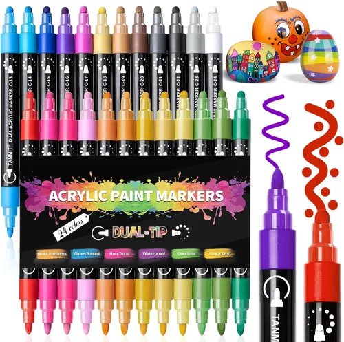 TANMIT Marcadores de pintura acrílica de 24 colores, rotuladores de pintura acrílica de doble punta con puntos y puntas finas para tela, rocas,