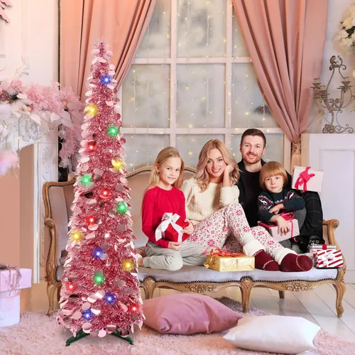 Miniatura 4 de Árbol de Navidad Emergente de 5 Pies con Luces, Árbol de Lápiz Plegable Rosa, Árbol de Navidad Delgado Árbol de Navidad Esbelto, Árbol de Oropel