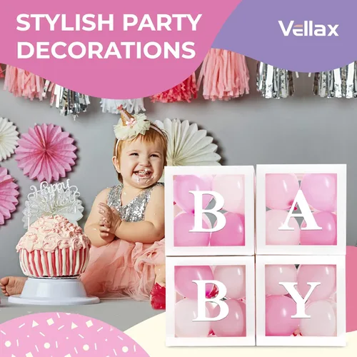 Miniatura 7 de Cajas para Baby Shower con Letras – Cajas Blancas con Globos Rosas y Blancos – Set de 44 Piezas para Revelación de Género y Decoración de Fiesta
