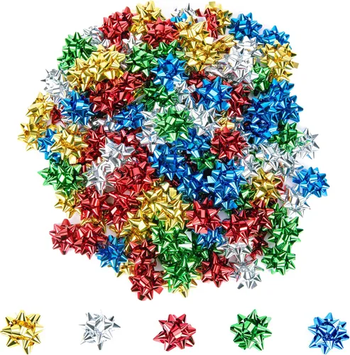 Iceyyyy 100 Piezas Mini Lazos de Regalo de Navidad - Lazos de Regalo de Estrella Metálica de 1 Pulgada de Colores Mixtos - Pequeños Lazos Adhesivos
