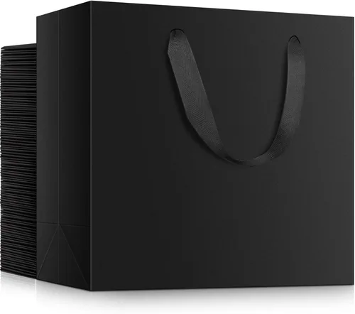 Miniatura 8 de EUSOAR Bolsas de papel de regalo de tamaño pequeño, paquete de 25 bolsas de papel negro resistentes de 8.6 x 3.9 x 7 pulgadas con asas a granel