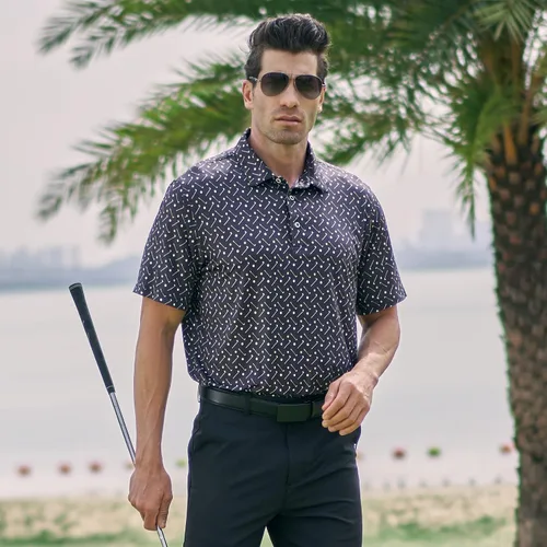 Miniatura 5 de AOTORR Camisas de golf para hombre, ajuste regular, absorben la humedad, estampado de rendimiento de manga corta para hombre