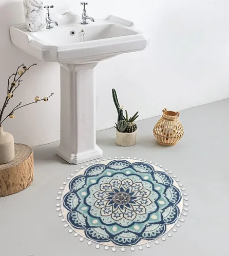 Miniatura 6 de Uphome Alfombra redonda pequeña de 2.3 pies, color azul, bohemia, con flecos de pompones, antideslizante, lavable, tapete de baño circular de Negro