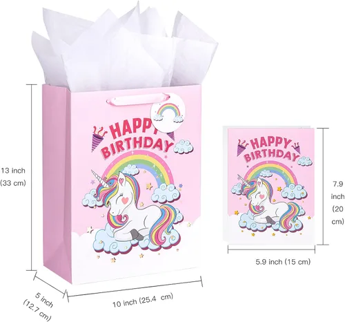 Miniatura 2 de WRAPAHOLIC Bolsas grandes de regalo de cumpleaños de 13 pulgadas con tarjeta y papel de seda, paquete de 2 para cumpleaños de niños y niñas