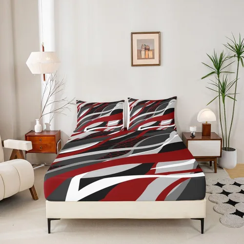 Miniatura 5 de Manfei Sábana bajera ajustable color rojo y gris, tamaño individual, funda de cama circular de rayas onduladas abstractas con 1 funda de almohada