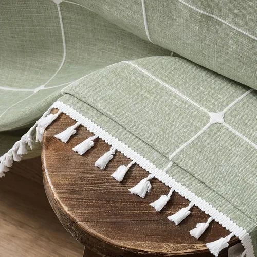 Miniatura 75 de ZeeMart - Mantel de mesa con diseño de cuadrícula boho y borlas (blanco roto, 132 cm x 132 cm), mantel de gran peso de lino a cuadros bordado