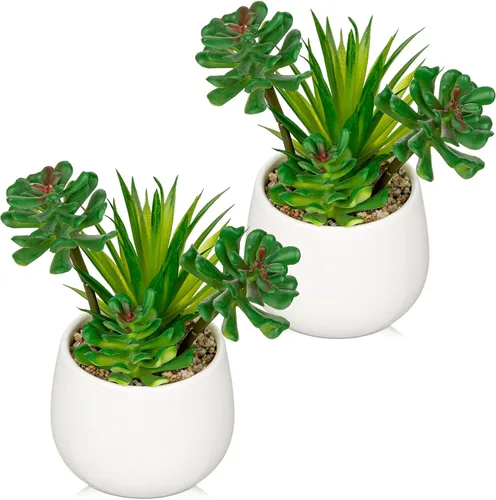 Miniatura 9 de Briful Plantas suculentas artificiales en macetas de cerámica, juego de 3 suculentas artificiales con macetas geométricas negras, decoración moderna