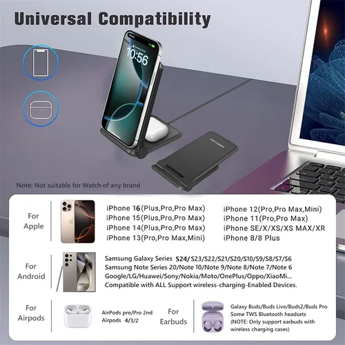 Miniatura 2 de Cargador inalámbrico 2 en 1, soporte de carga inalámbrica rápida plegable de 20 W, compatible con iPhone 17/16/16 Pro/15/14/X/AirPods, estación