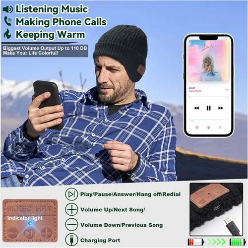 Miniatura 3 de Juego de gorro de música inalámbrico, gorro de invierno, gorro Bluetooth con cubiertas para las orejas, guantes antideslizantes para pantalla