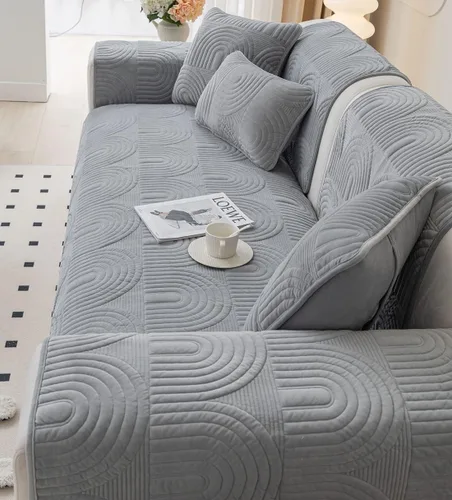 Miniatura 4 de Funda de sofá geométrica de granja para sofá, funda de terciopelo suave acolchada para sofá seccional, funda de sofá antideslizante para sofá, Gris