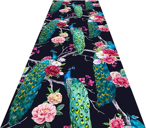 Miniatura 2 de Alfombra antideslizante para pasillo, entrada, lavable a máquina, patrón floral y pavo real, alfombra de área para pasillos, resistente a