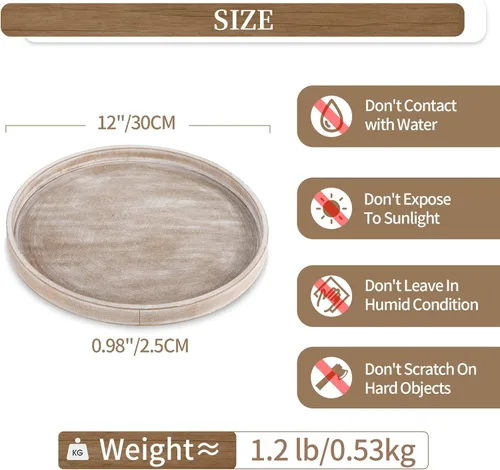 Miniatura 6 de Hanobe Bandeja Decorativa para Mesa de Café: Bandeja Redonda de Madera Lavada en Blanco, Bandejas Rústicas de Madera Circulares, Centro de Mesa