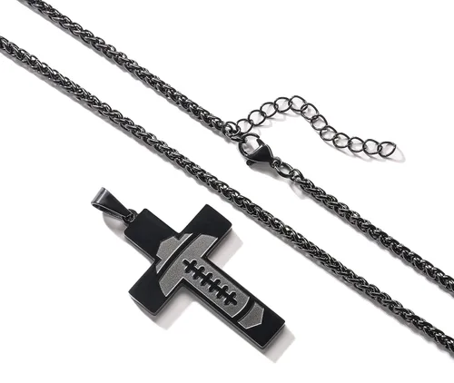 Miniatura 4 de Collar de cruz de fútbol para niños y hombres, colgante de versículo de la Biblia de acero inoxidable con cadena de 20 + 2 pulgadas, primera