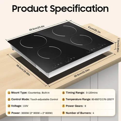 Miniatura 3 de Placa de cocción portátil de 3000W 110V con 4 quemadores eléctrica empotrada con control táctil sensor, placa caliente eléctrica de encimera