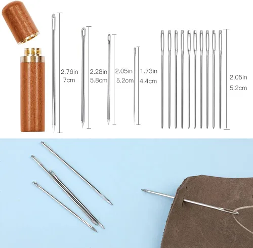 Miniatura 3 de BUTUZE, alicates de mano de cuero silencioso de 0.157 pulgadas (4 dientes franceses y 2 dientes) con aguja de cuero, estuche de aguja de madera, Rojo