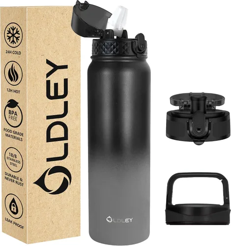 Miniatura 22 de Oldley Botella de Agua Aislada con Pajilla de 20oz, Botellas de Agua de Acero Inoxidable con 3 Tapas, Aislamiento al Vacío de Doble Pared Térmica