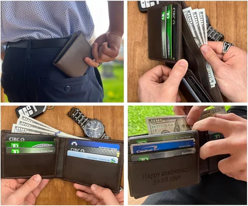 Miniatura 17 de Billetera plegable personalizada de piel auténtica para hombre, con bloqueo RFID, con ventana de identificación, tarjetero de cuero genuino