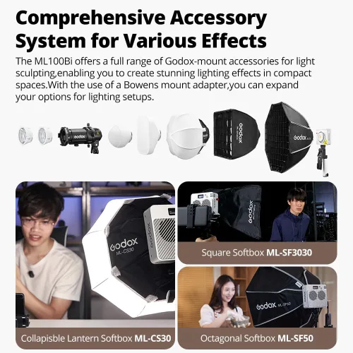 Miniatura 4 de Godox ML100Bi - Luz de video LED de 120 W, kit de iluminación de video bicolor de 2800K-6500K, 34300 Lux CRI 97+/TLCI 98+, control de aplicación