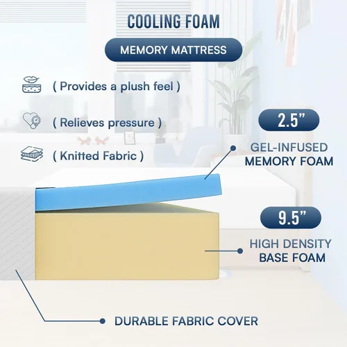 Miniatura 6 de FDW Colchón de espuma viscoelástica de gel de 12 pulgadas, colchón de firmeza media para un sueño fresco, alivio de presión, certificado CertiPUR-US